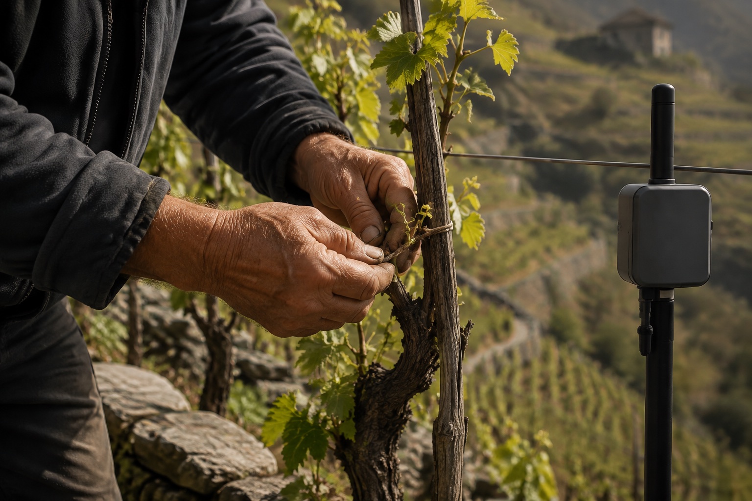 Visualisierung: Erfahrene Winzerhände pflegen eine Rebe; daneben erfasst ein Sensor die Bedingungen.