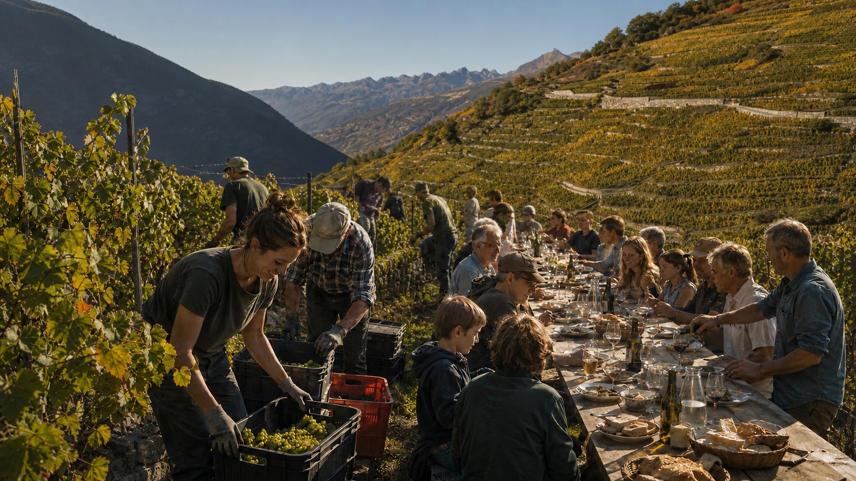 Gemeinschaftsvisualisierung: Weinlese und gemeinsame Tafel, mit einer an Visperterminens Rebterrassen orientierten Landschaft. Kein Foto eines tatsächlichen Anlasses.